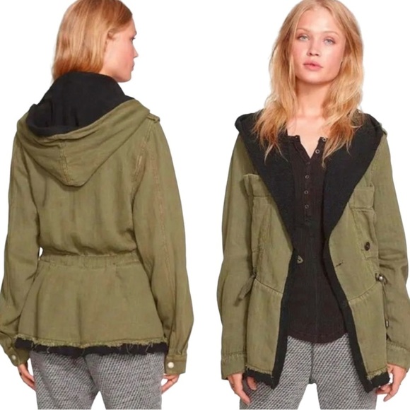 Free People Soft Peplum Hooded Military Army Green Cargo Jacket